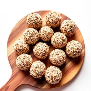 Coconut energy bites on a wooden board